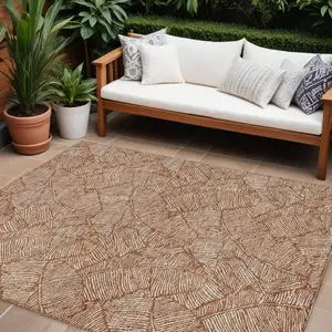 Photo of Copper And Beige Floral Washable Indoor Outdoor Area Rug