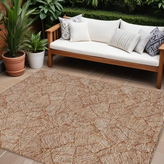 Copper And Beige Floral Washable Indoor Outdoor Area Rug Photo 1