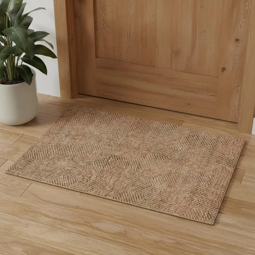 Copper And Beige Geometric Washable Area Rug With UV Protection Photo 1