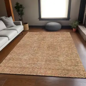 Photo of Copper And Beige Geometric Washable Area Rug With UV Protection