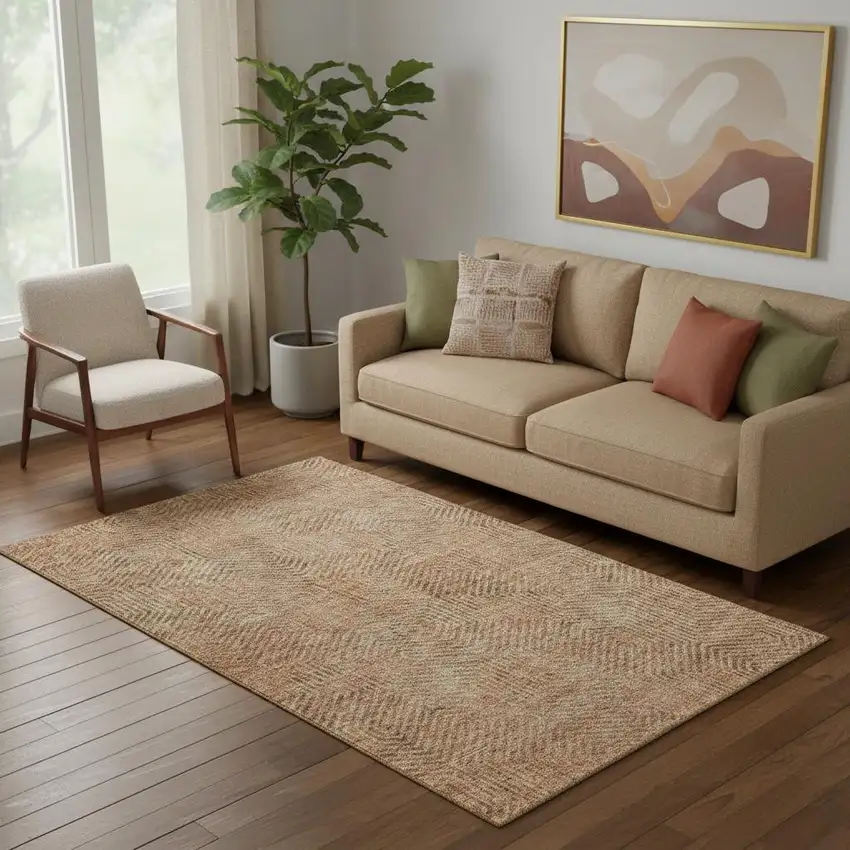 Copper And Beige Geometric Washable Area Rug With UV Protection Photo 1