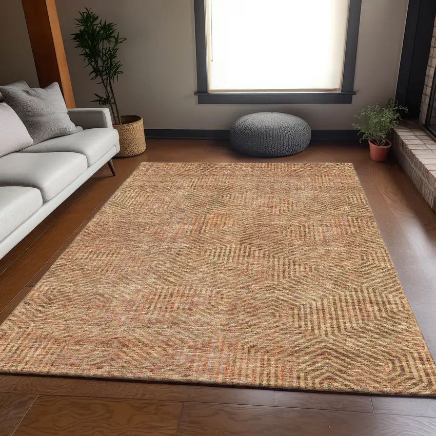 Copper And Beige Geometric Washable Area Rug With UV Protection Photo 6
