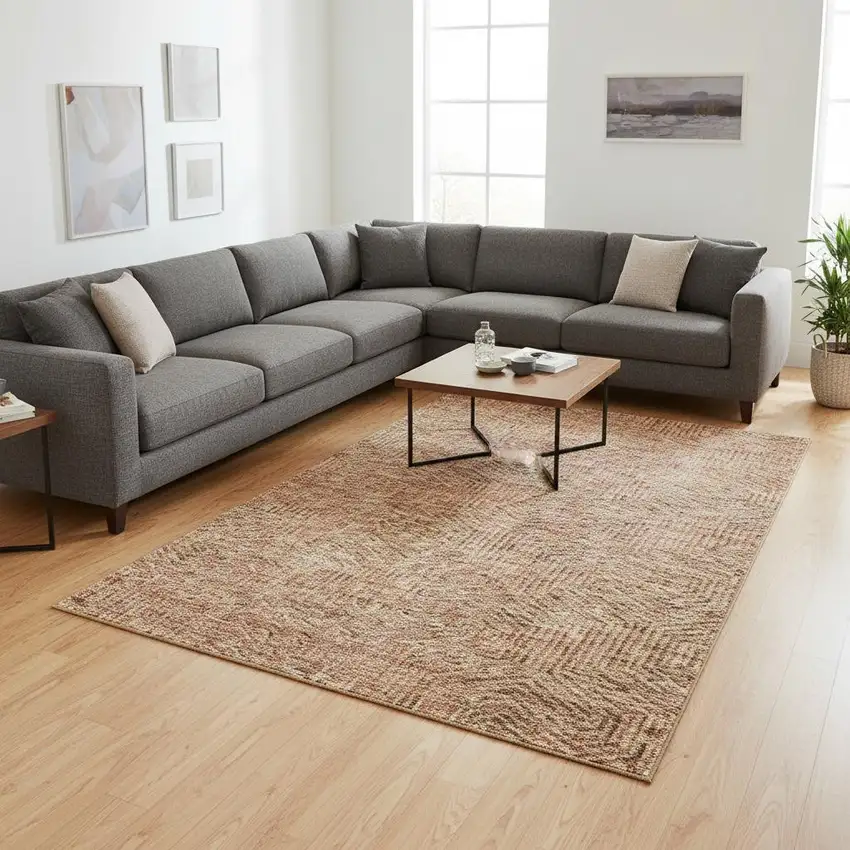 Copper And Beige Geometric Washable Area Rug With UV Protection Photo 2