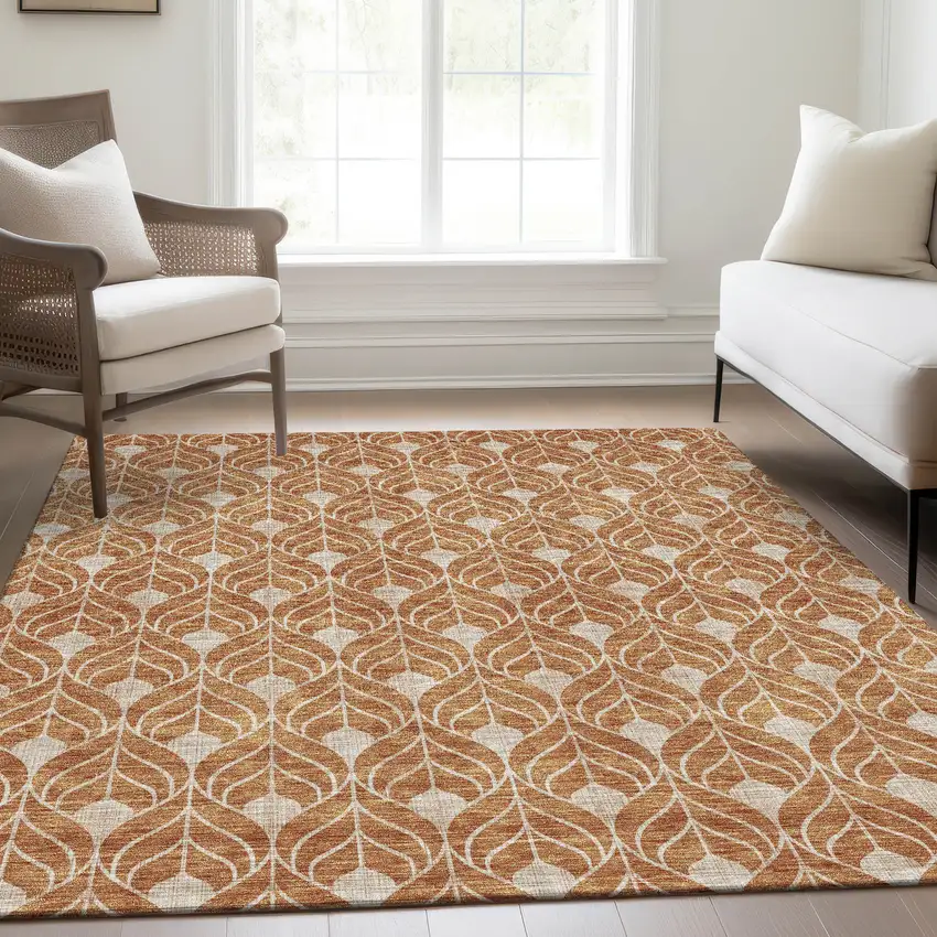 Copper And Beige Geometric Washable Area Rug With UV Protection Photo 5