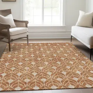 Photo of Copper And Beige Geometric Washable Area Rug With UV Protection