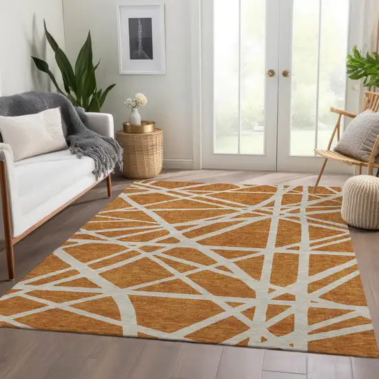 Copper And Beige Geometric Washable Area Rug With UV Protection Photo 5