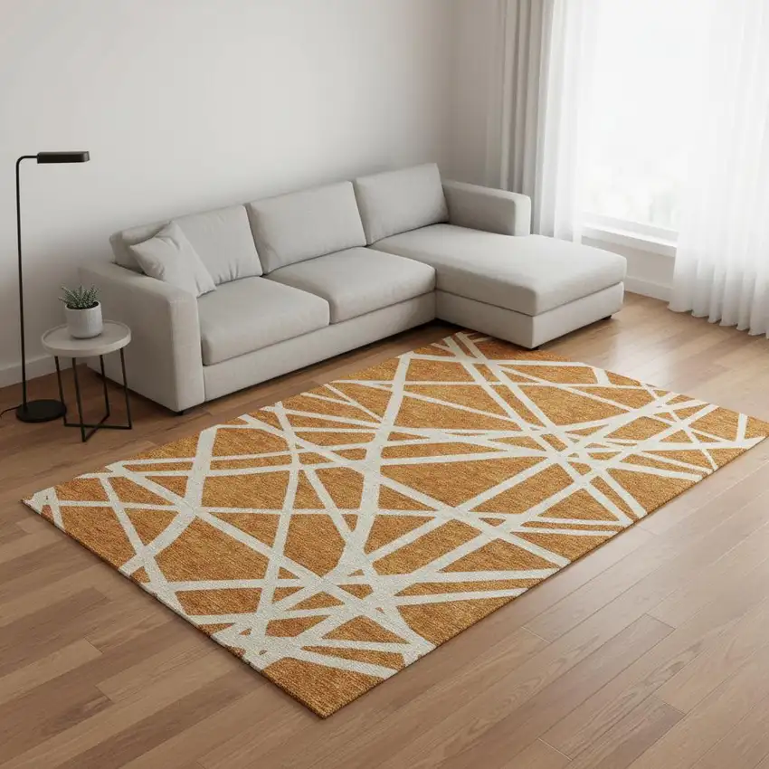 Copper And Beige Geometric Washable Area Rug With UV Protection Photo 2
