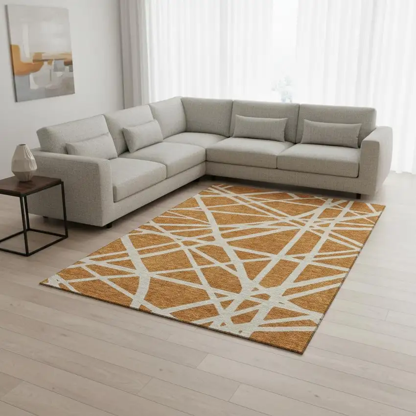 Copper And Beige Geometric Washable Area Rug With UV Protection Photo 2