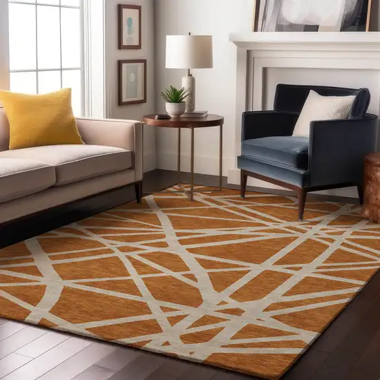 Copper And Beige Geometric Washable Area Rug With UV Protection Photo 4