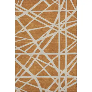 Photo of Copper And Beige Geometric Washable Area Rug With UV Protection