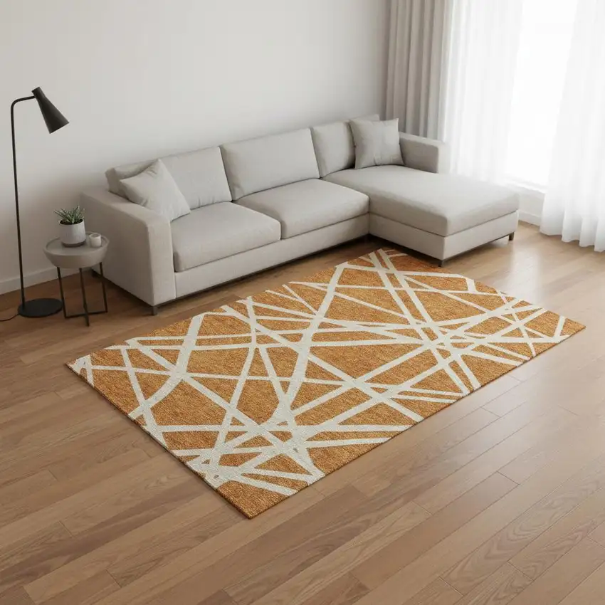 Copper And Beige Geometric Washable Area Rug With UV Protection Photo 2