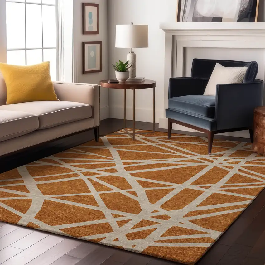 Copper And Beige Geometric Washable Area Rug With UV Protection Photo 4