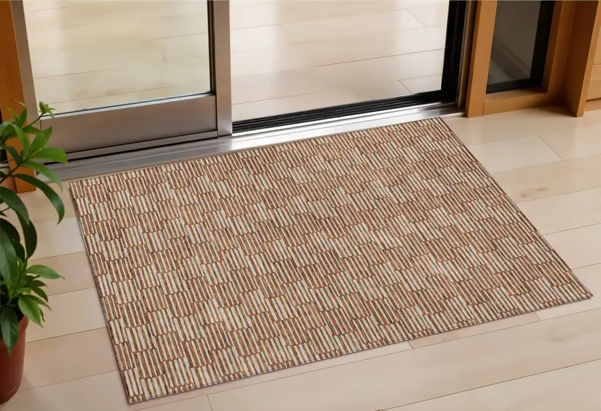 Copper And Beige Geometric Washable Indoor Outdoor Area Rug Photo 1