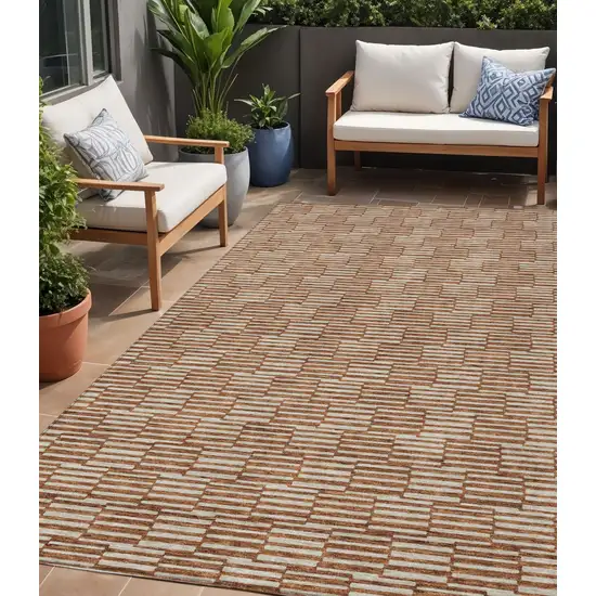 Copper And Beige Geometric Washable Indoor Outdoor Area Rug Photo 1