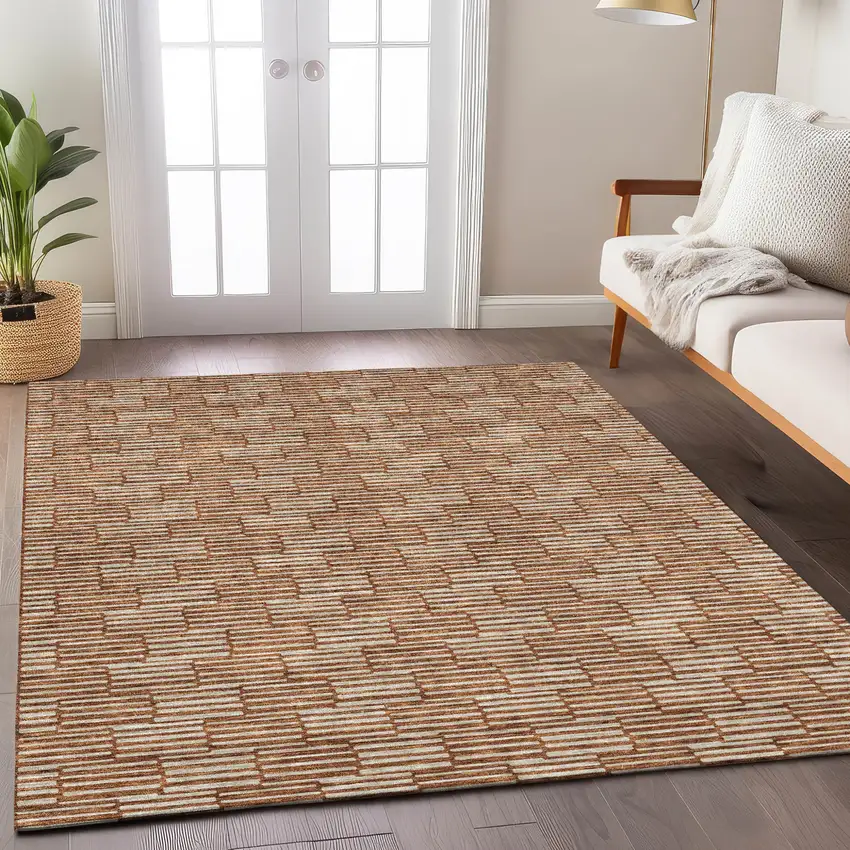 Copper And Beige Geometric Washable Indoor Outdoor Area Rug Photo 9