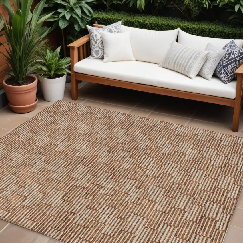 Copper And Beige Geometric Washable Indoor Outdoor Area Rug Photo 1