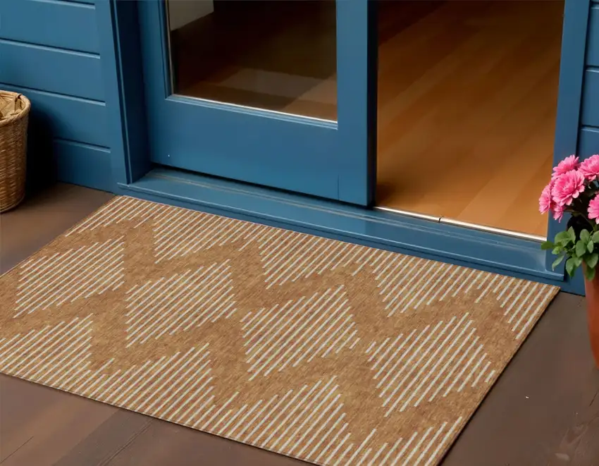 Copper And Beige Geometric Washable Indoor Outdoor Area Rug Photo 1