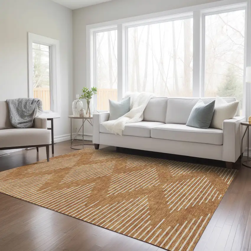 Copper And Beige Geometric Washable Indoor Outdoor Area Rug Photo 9