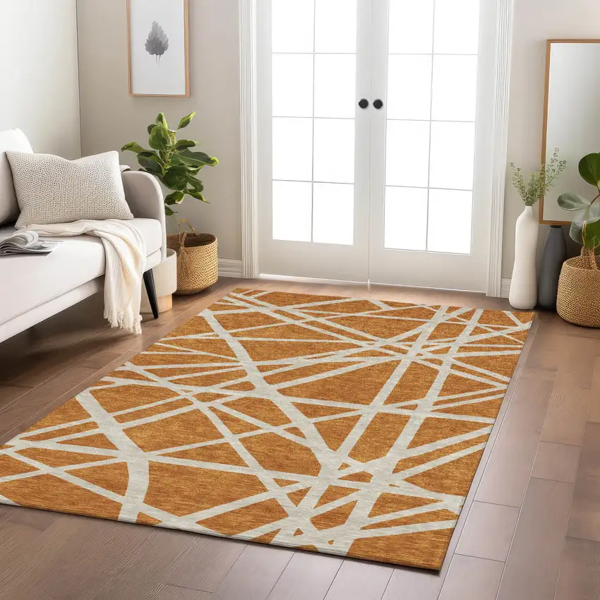 Copper And Beige Geometric Washable Indoor Outdoor Area Rug Photo 9