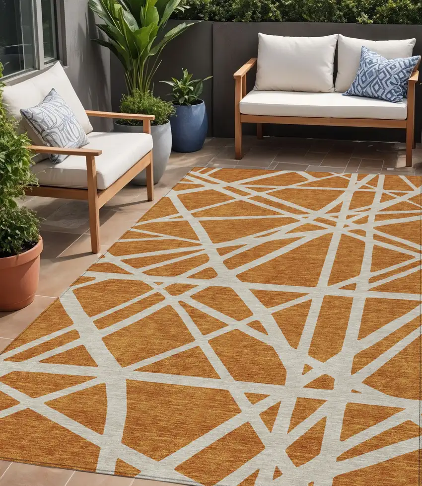 Copper And Beige Geometric Washable Indoor Outdoor Area Rug Photo 1