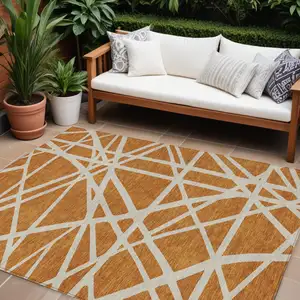 Photo of Copper And Beige Geometric Washable Indoor Outdoor Area Rug
