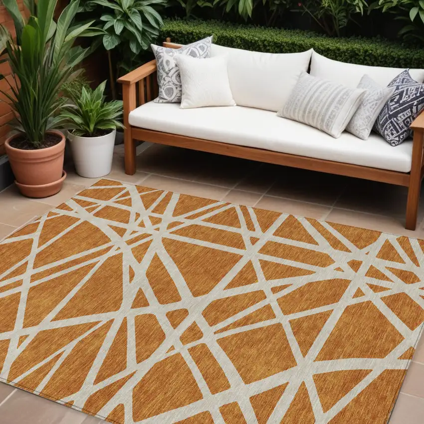 Copper And Beige Geometric Washable Indoor Outdoor Area Rug Photo 1