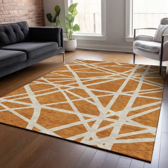 Copper And Beige Geometric Washable Indoor Outdoor Area Rug Photo 9