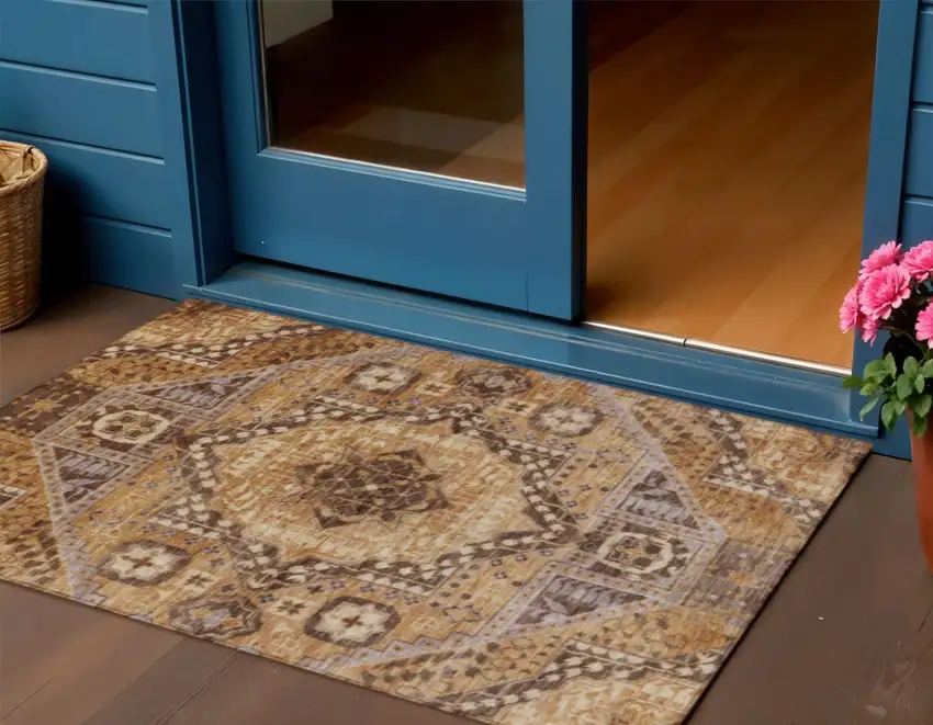 Copper And Beige Geometric Washable Indoor Outdoor Area Rug Photo 2