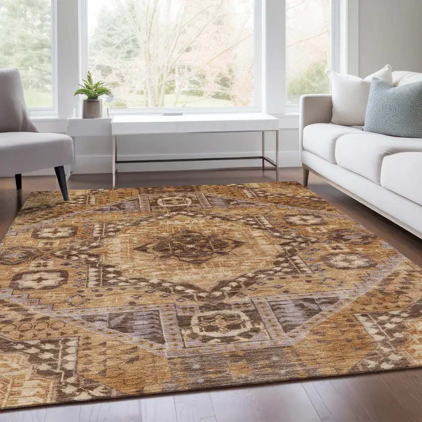 Copper And Beige Geometric Washable Indoor Outdoor Area Rug Photo 8