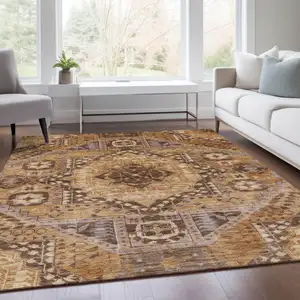 Photo of Copper And Beige Geometric Washable Indoor Outdoor Area Rug