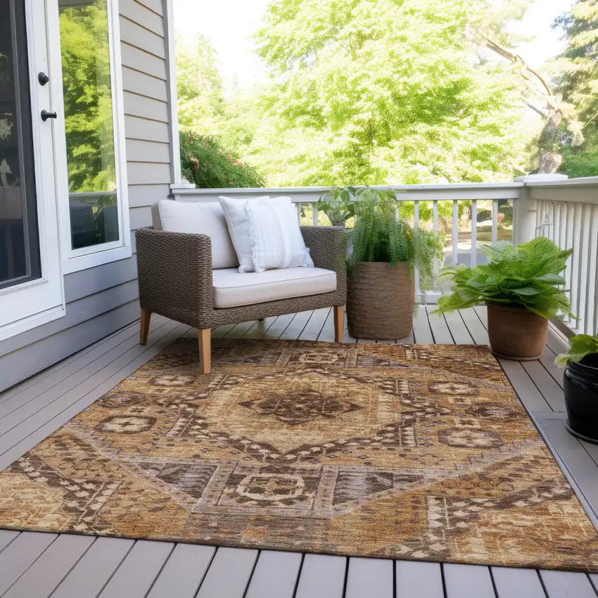 Copper And Beige Geometric Washable Indoor Outdoor Area Rug Photo 9