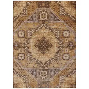 Photo of Copper And Beige Geometric Washable Indoor Outdoor Area Rug