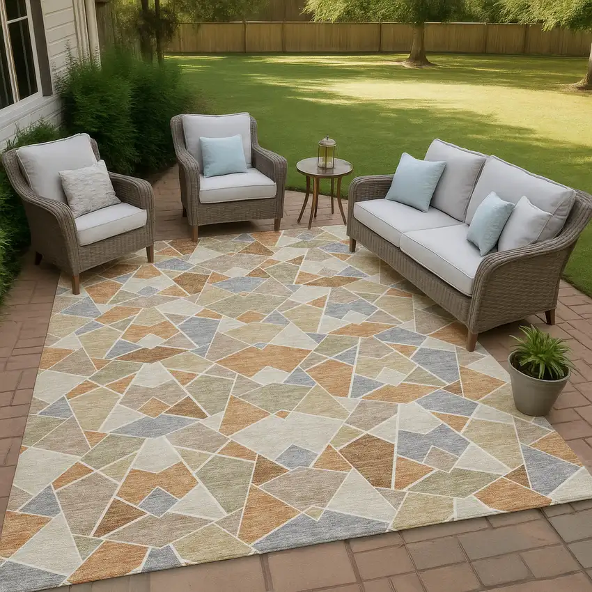 Copper And Beige Geometric Washable Indoor Outdoor Area Rug Photo 4