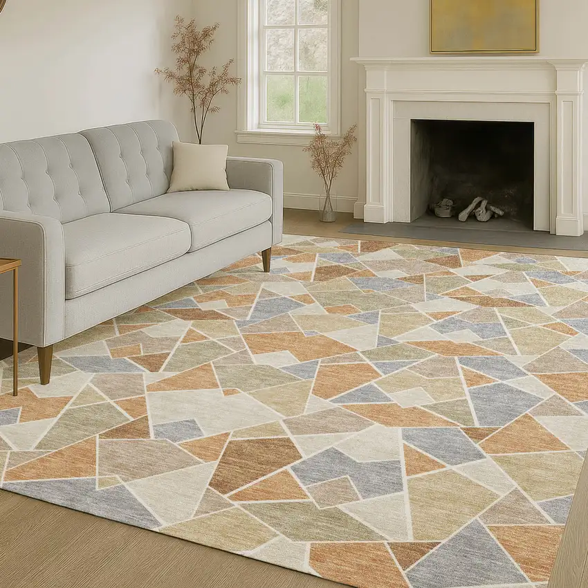 Copper And Beige Geometric Washable Indoor Outdoor Area Rug Photo 6