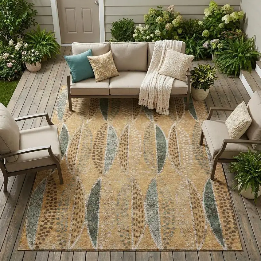 Copper And Beige Geometric Washable Indoor Outdoor Area Rug Photo 1