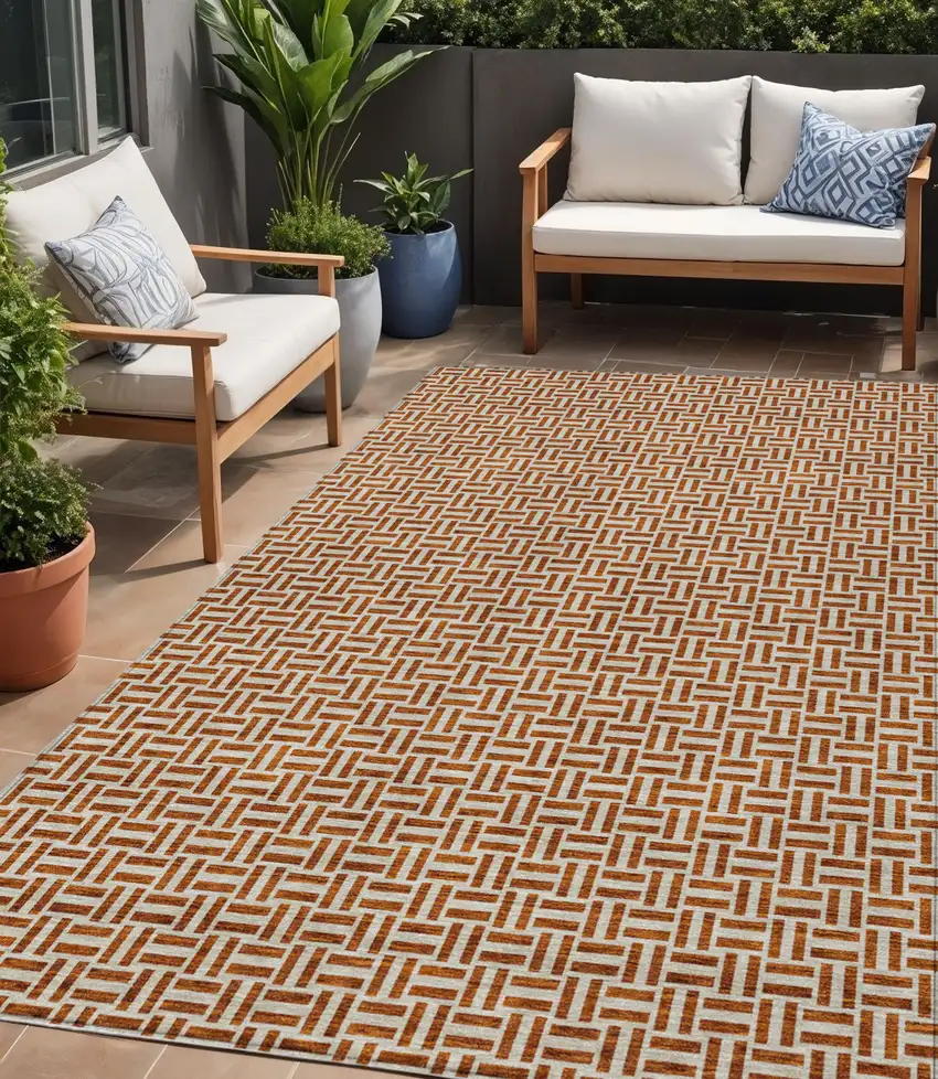 Copper And Beige Geometric Washable Indoor Outdoor Area Rug Photo 1