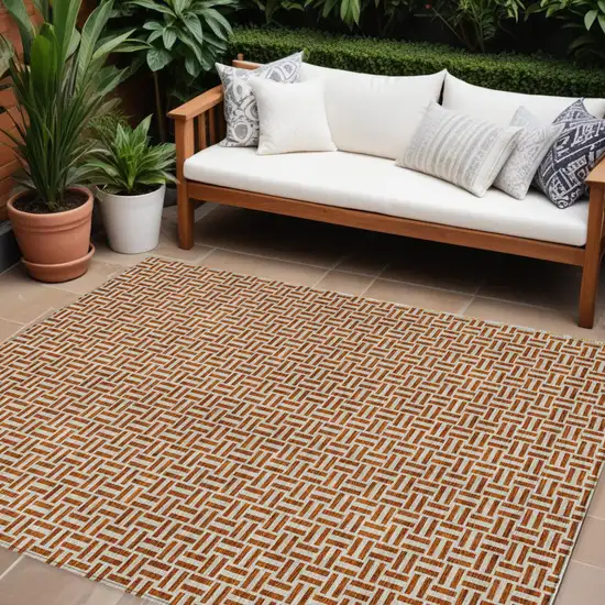 Copper And Beige Geometric Washable Indoor Outdoor Area Rug Photo 1