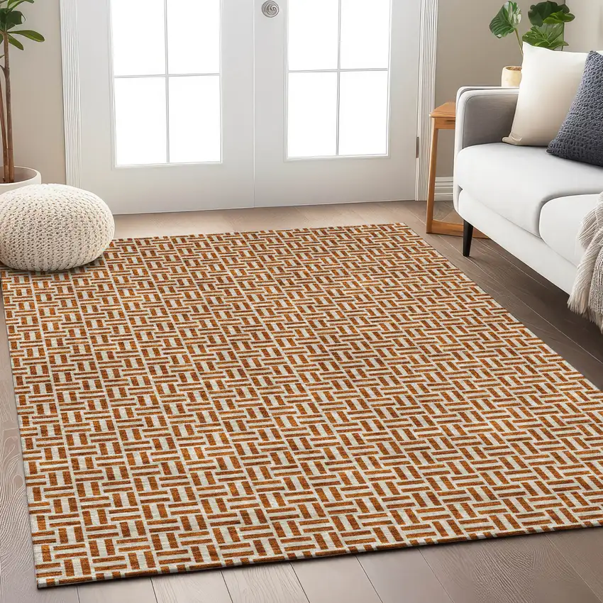 Copper And Beige Geometric Washable Indoor Outdoor Area Rug Photo 9