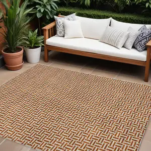 Photo of Copper And Beige Geometric Washable Indoor Outdoor Area Rug
