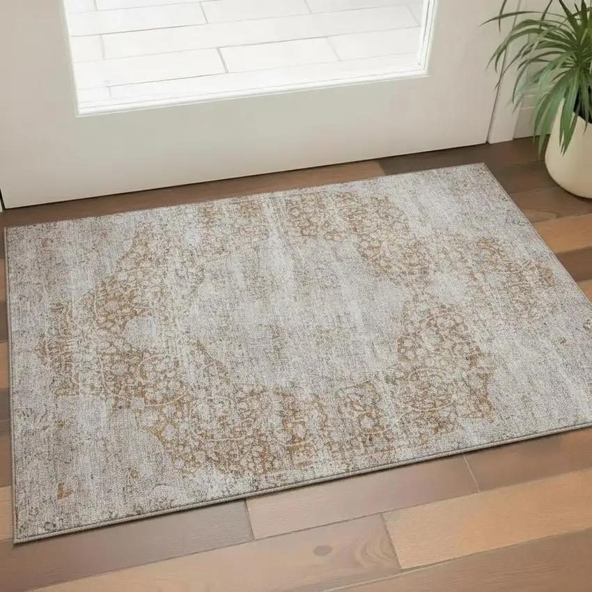 Copper And Beige Medallion Washable Area Rug With UV Protection Photo 2