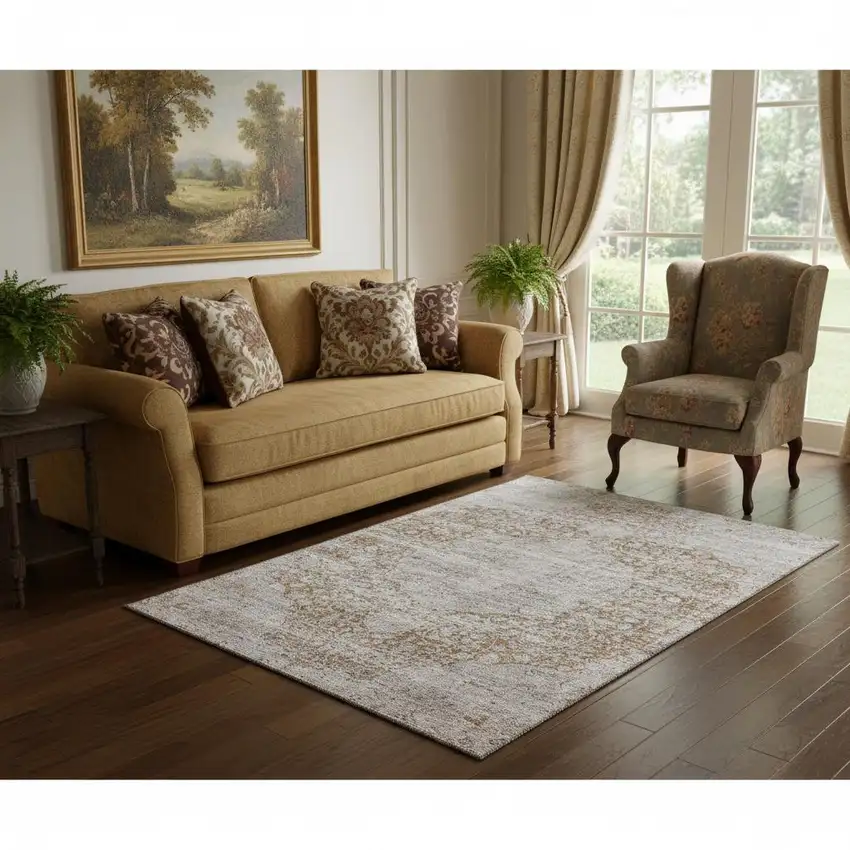 Copper And Beige Medallion Washable Area Rug With UV Protection Photo 2