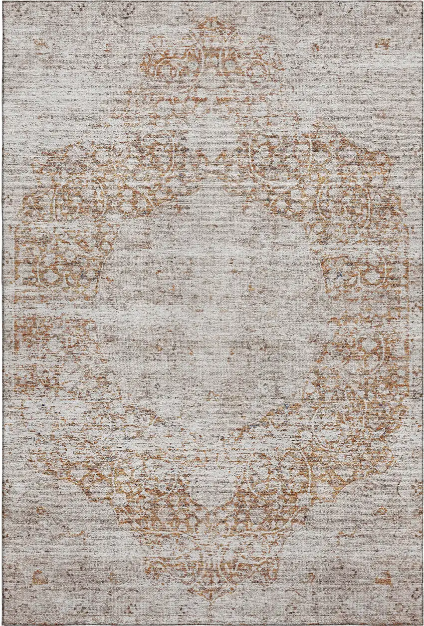 Copper And Beige Medallion Washable Area Rug With UV Protection Photo 1