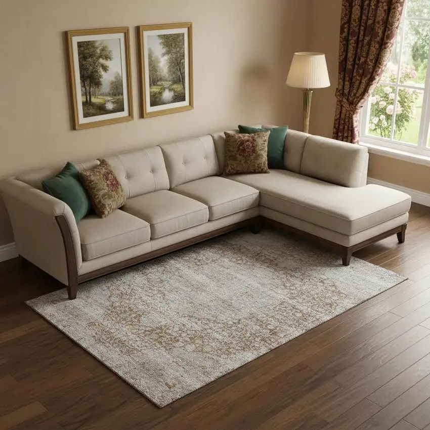 Copper And Beige Medallion Washable Area Rug With UV Protection Photo 2