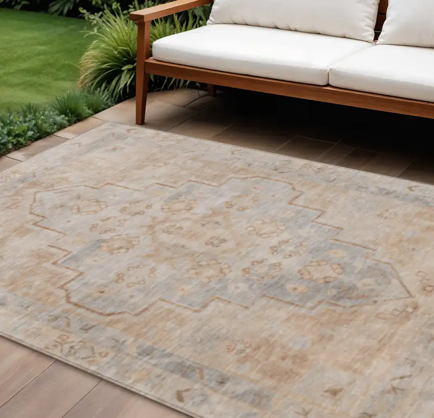 Copper And Beige Medallion Washable Indoor Outdoor Area Rug Photo 2
