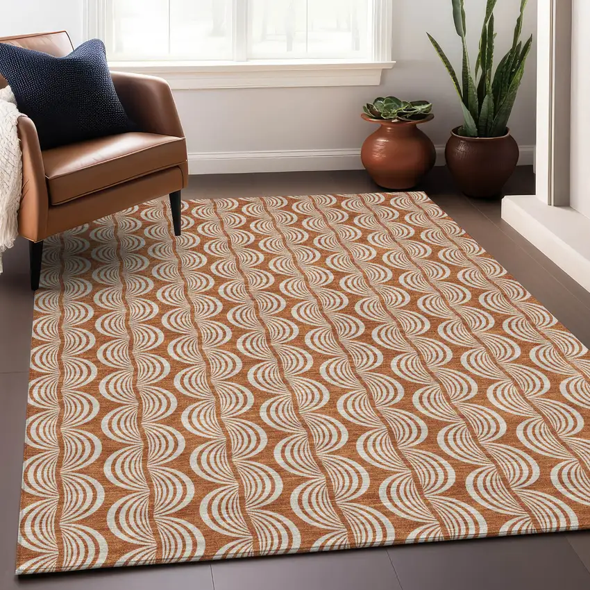 Copper And Beige Ogee Washable Indoor Outdoor Area Rug Photo 8