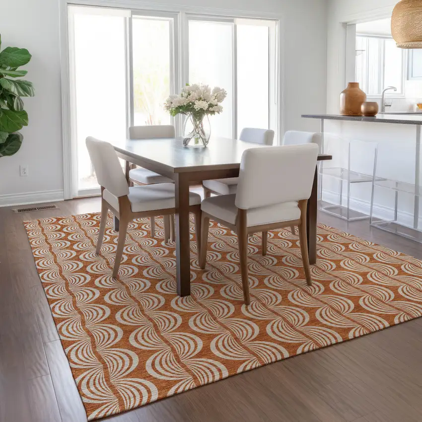 Copper And Beige Ogee Washable Indoor Outdoor Area Rug Photo 9