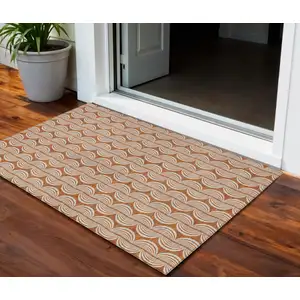 Photo of Copper And Beige Ogee Washable Indoor Outdoor Area Rug
