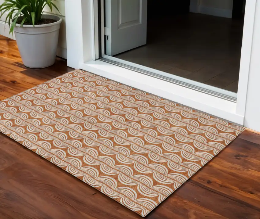 Copper And Beige Ogee Washable Indoor Outdoor Area Rug Photo 1