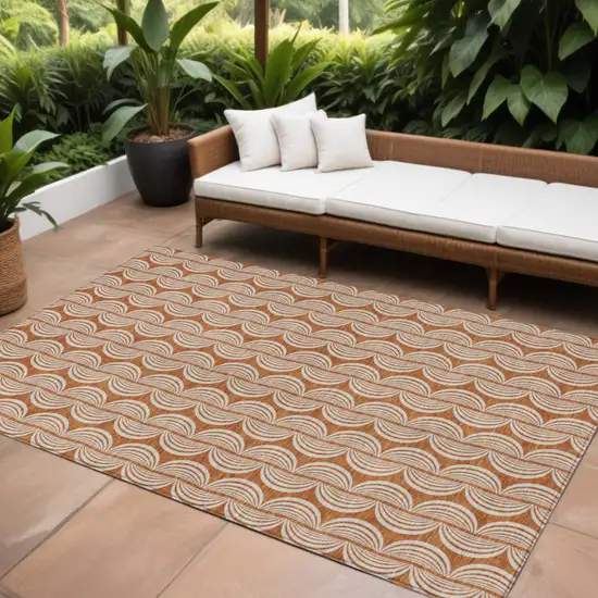 Copper And Beige Ogee Washable Indoor Outdoor Area Rug Photo 1