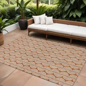 Photo of Copper And Beige Ogee Washable Indoor Outdoor Area Rug